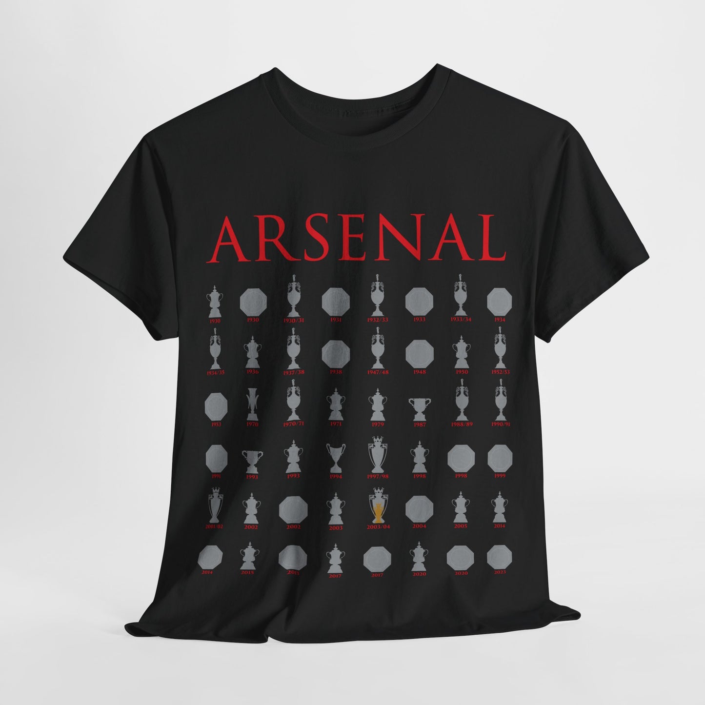 Arsenal Trophies Collection Unisex Heavy Cotton T-Shirt - Red/White/Black/Gold/Royal/Charcoal/Navy