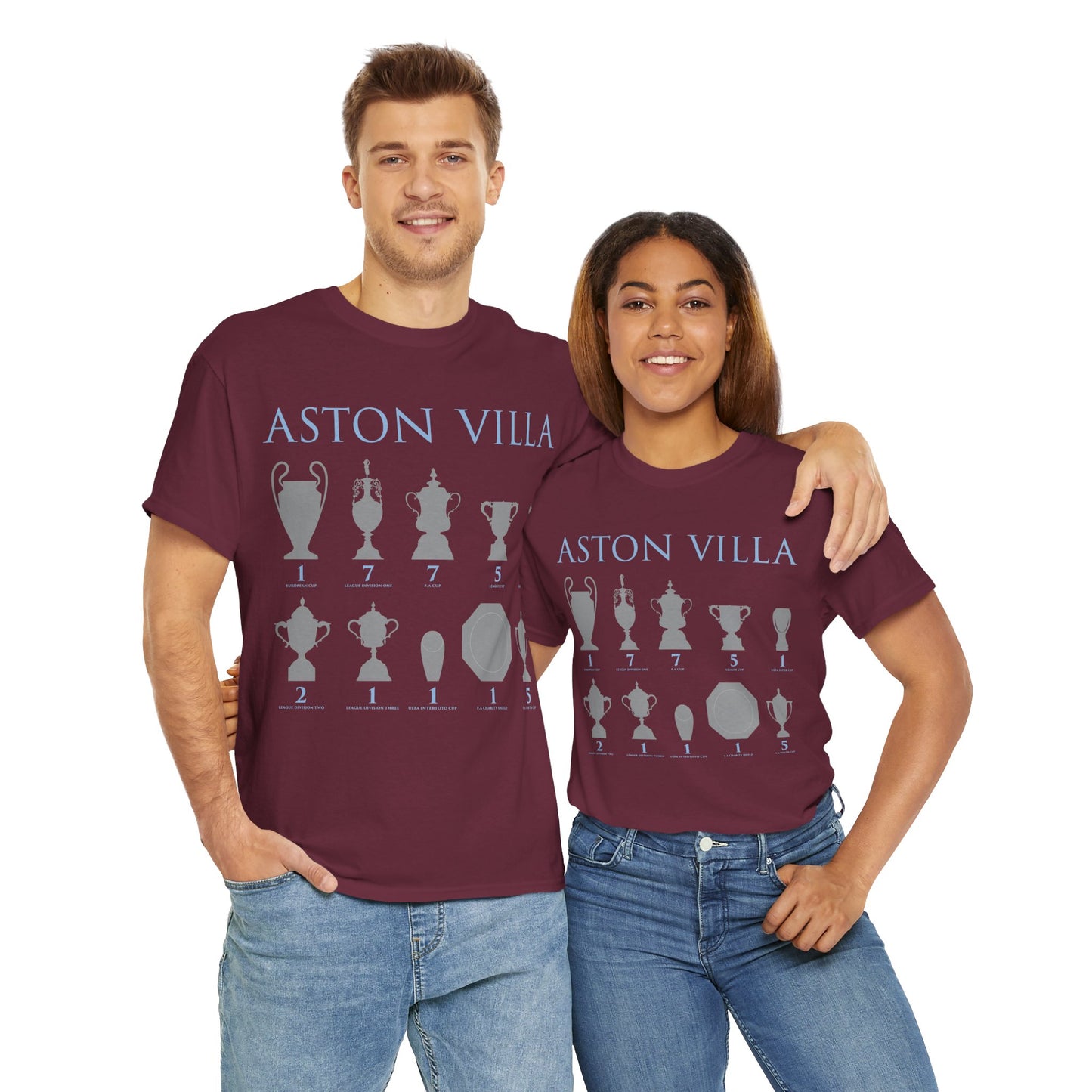 Aston Villa Trophies Unisex Heavy Cotton T-Shirt - Maroon/White/Light Blue