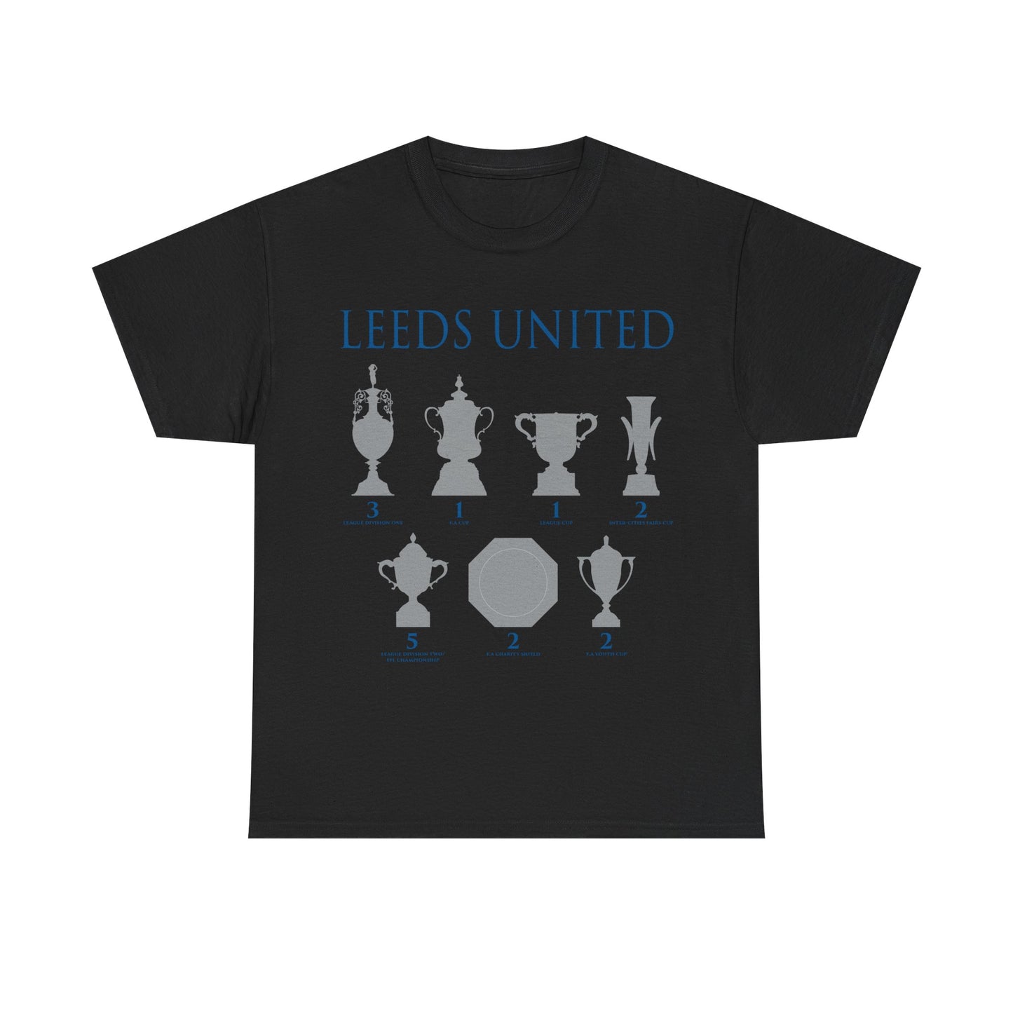 Leeds United Trophies Unisex Heavy Cotton T-Shirt - White/Black/Gold/Royal/Navy