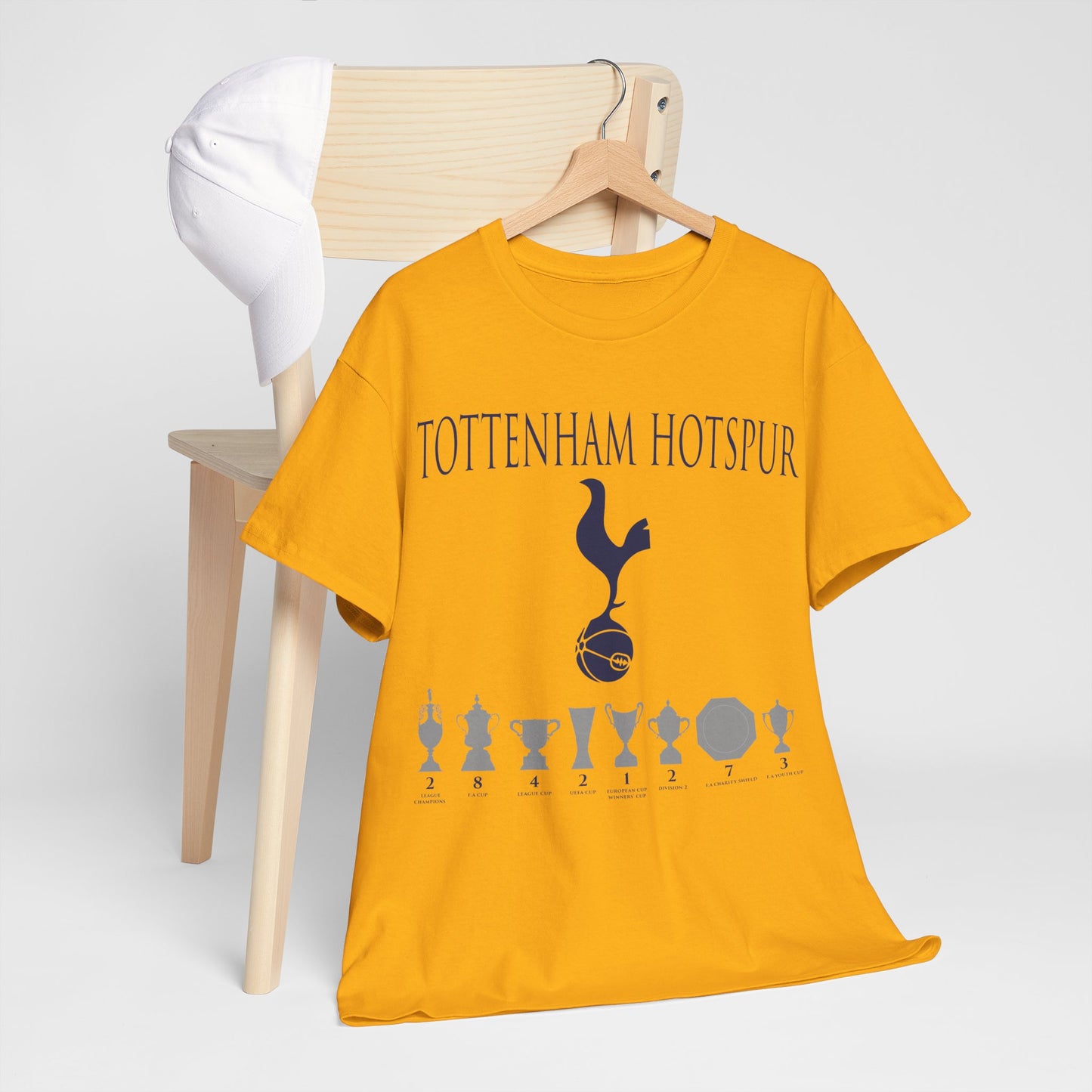 Tottenham Hotspur Cockerel & Trophies Unisex Heavy Cotton T-Shirt - Navy/White/Black/Gold/Light Blue/Royal