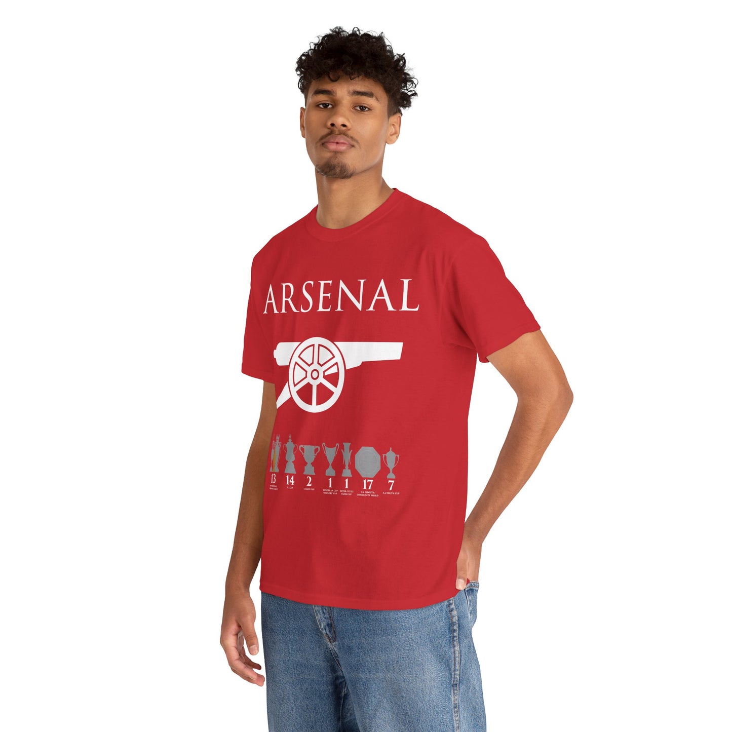 Arsenal Cannon & Trophies Unisex Heavy Cotton T-Shirt - Red/White/Black/Gold/Royal