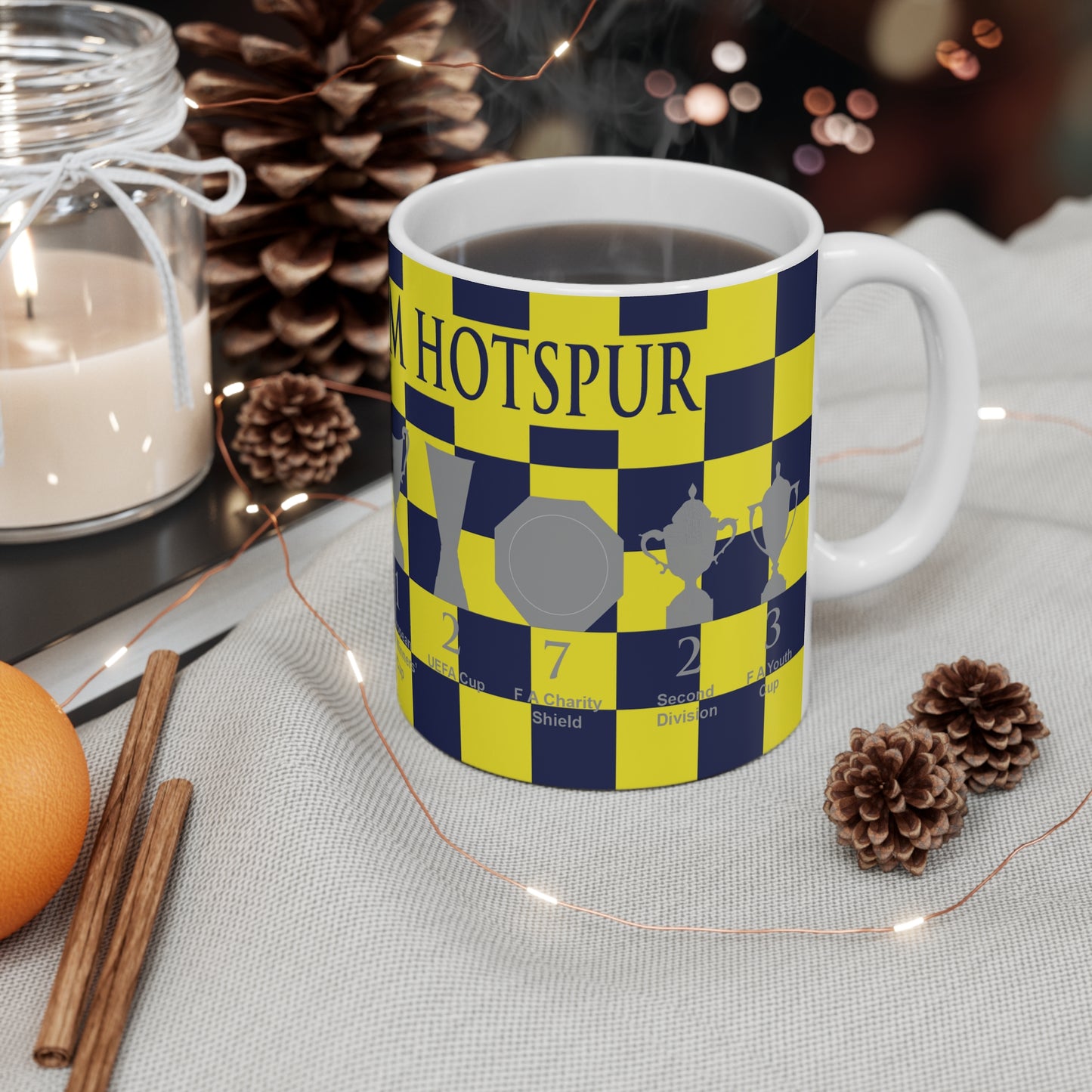 Tottenham Hotspur Blue & Yellow Chequered Trophies Mug - Blue Header Text