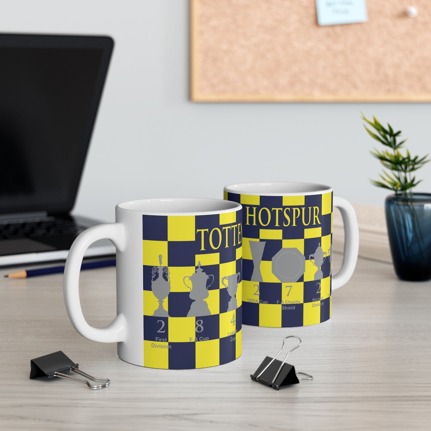 Tottenham Hotspur Blue & Yellow Chequered Trophies Mug - Yellow Header Text