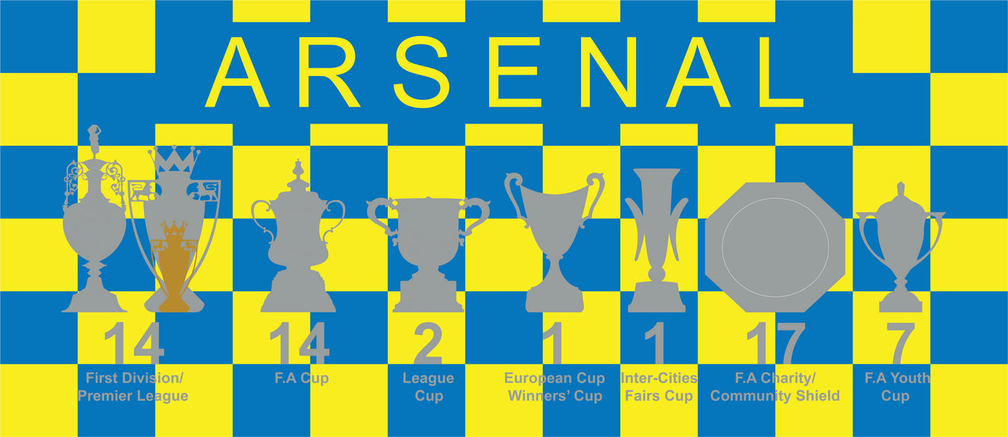Arsenal Yellow & Blue Chequered Trophies Mug UPDATED - Yellow Text