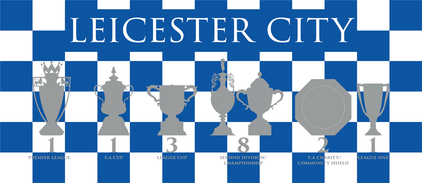 Leicester City Blue & White Chequered Trophies Mug - White Header Text