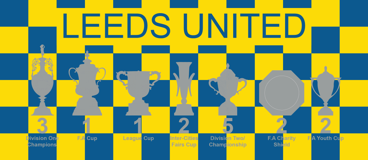Leeds United Yellow & Blue Chequered Trophies Mug - Blue Text