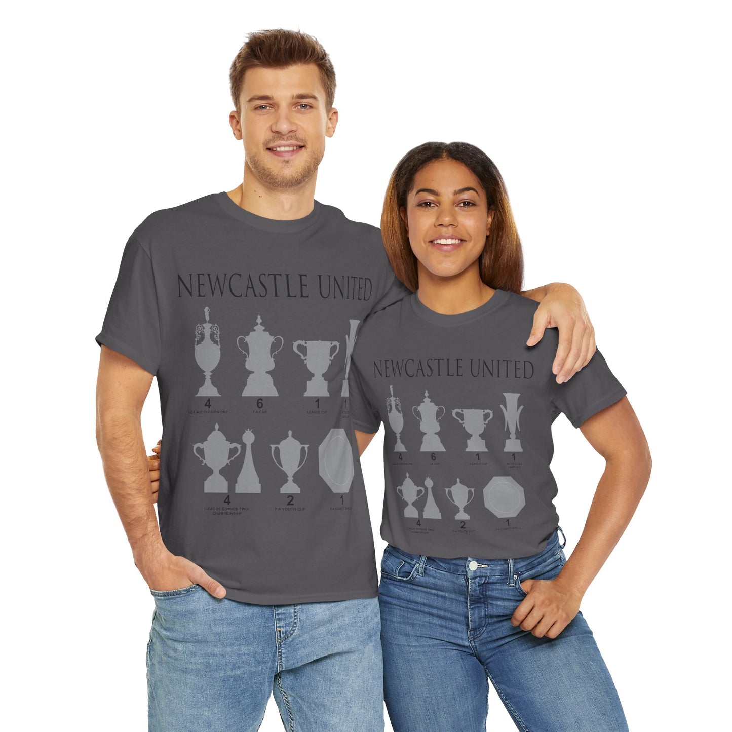 Newcastle United Trophies Unisex Heavy Cotton T-Shirt UPDATED - Black/White/Sport Grey/Charcoal