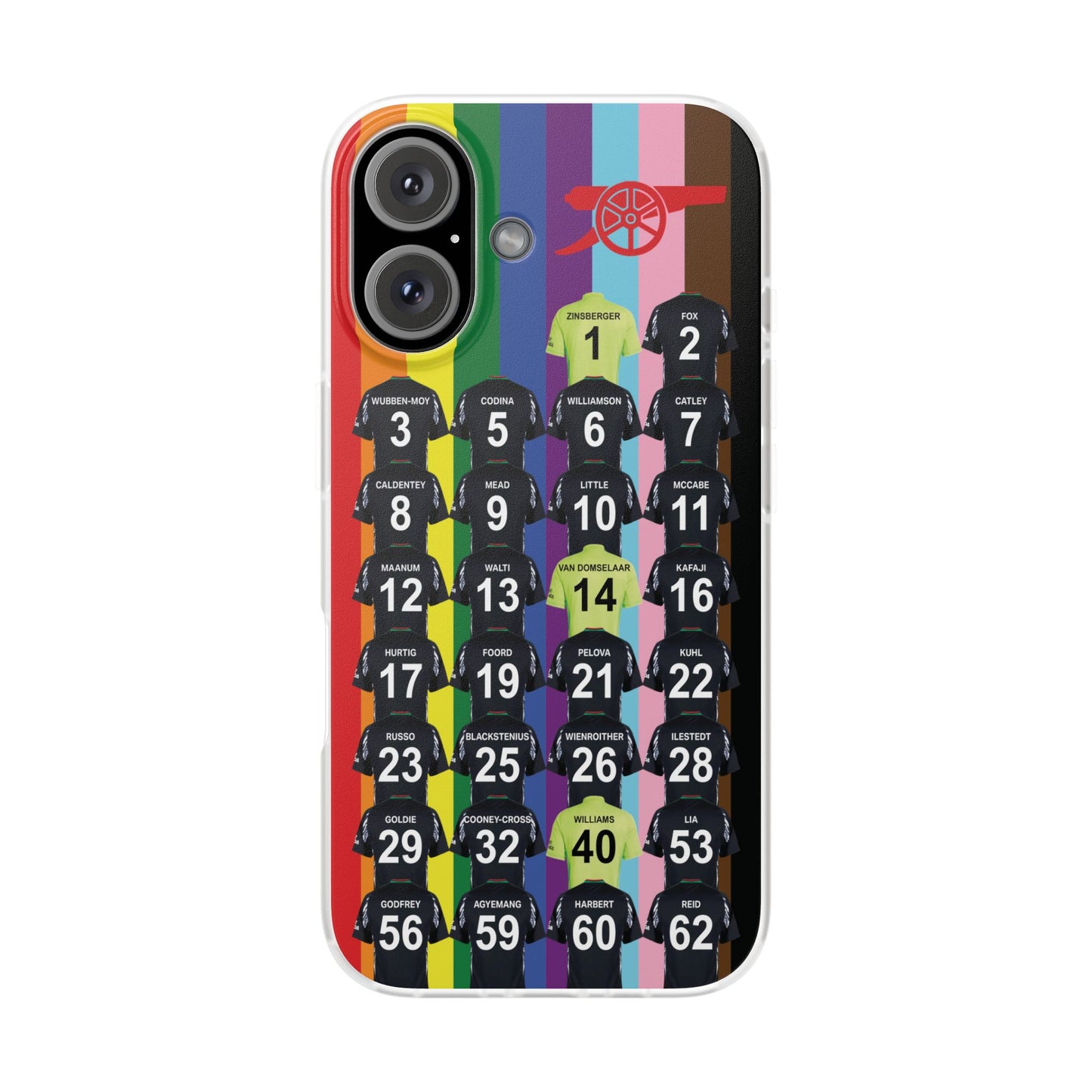 Arsenal Women Away Kit iPhone Flexi Case - iPhone 16, 15, 14, 13, 12, Mini/Plus/Pro/Pro Max - Rainbow