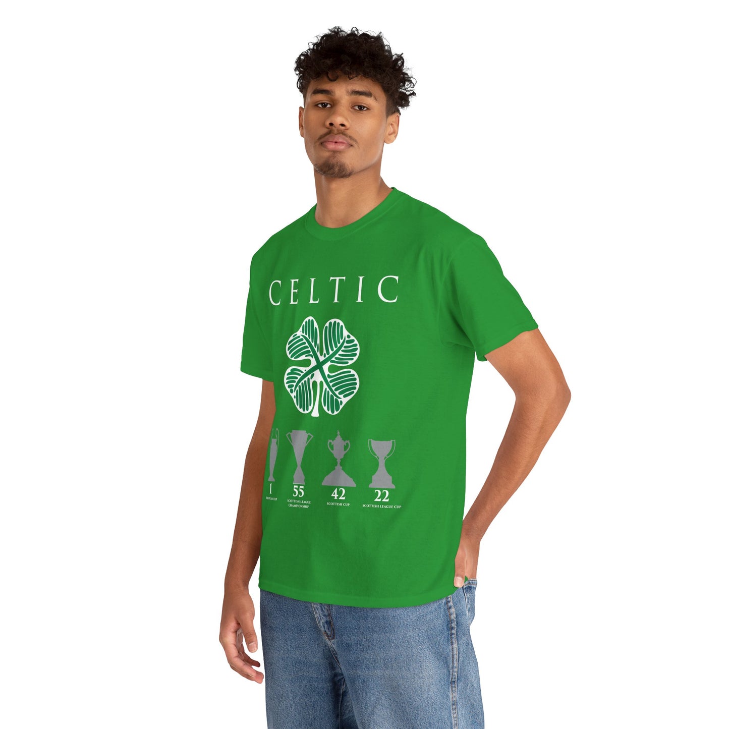 Celtic Clover & Trophies Unisex Heavy Cotton T-Shirt - Irish Green/Black/White/Gold/Sport Grey/Charcoal/Military Green/Forest Green