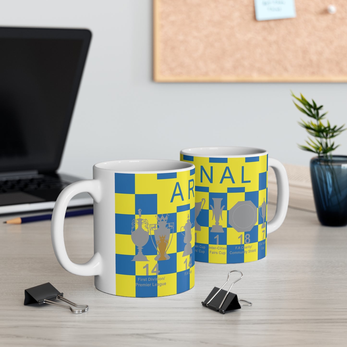 Arsenal Yellow & Blue Chequered Trophies Mug UPDATED - Blue Text