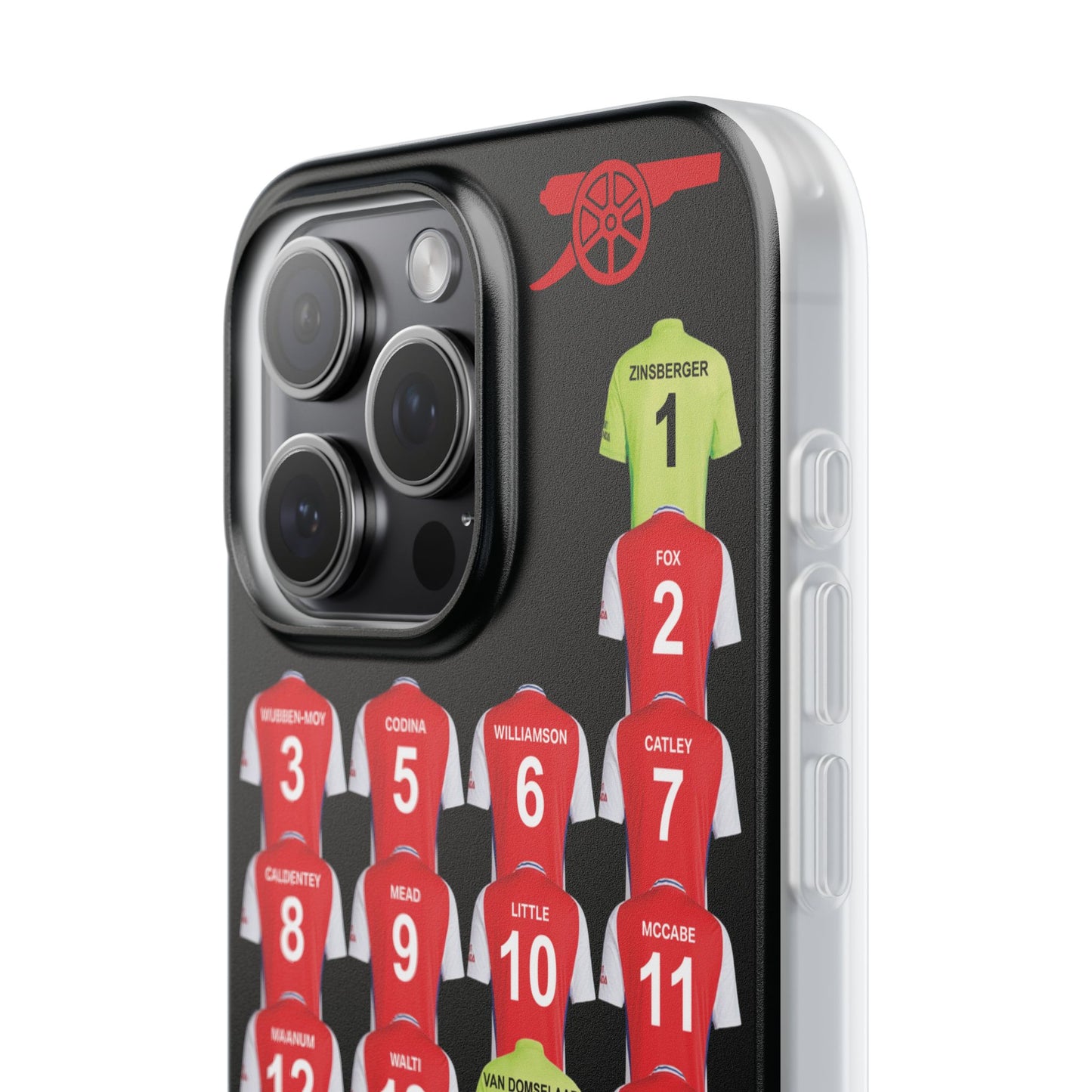 Arsenal Women Home Kit iPhone Flexi Case - iPhone 16, 15, 14, 13, 12, Mini/Plus/Pro/Pro Max - Black