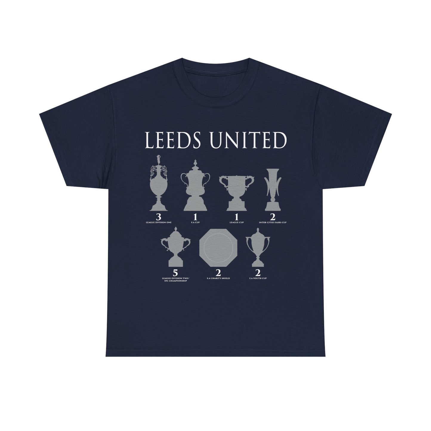 Leeds United Trophies Unisex Heavy Cotton T-Shirt - White/Black/Gold/Royal/Navy