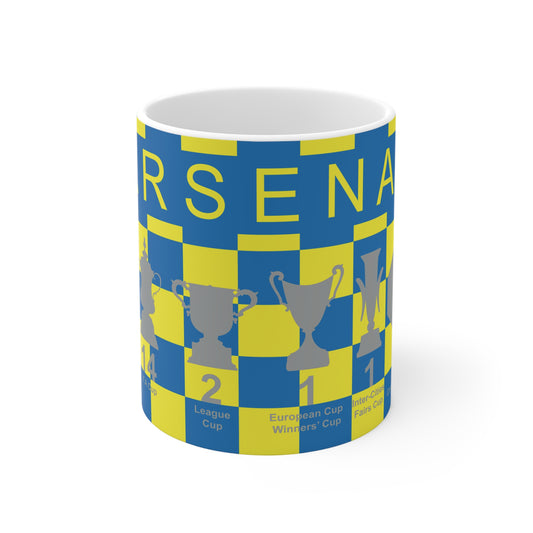 Arsenal Yellow & Blue Chequered Trophies Mug UPDATED - Yellow Text