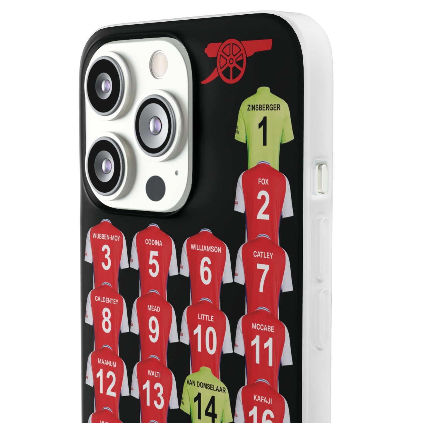 Arsenal Women Home Kit iPhone Flexi Case - iPhone 16, 15, 14, 13, 12, Mini/Plus/Pro/Pro Max - Black