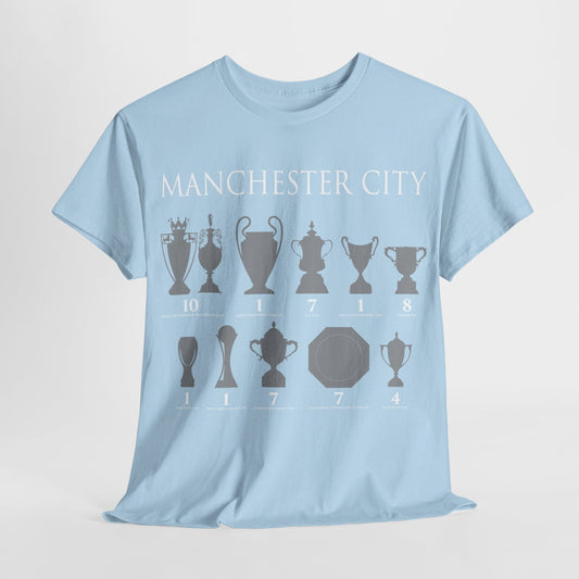 Manchester City Trophies Unisex Heavy Cotton T-Shirt - Light Blue/White/Black/Navy