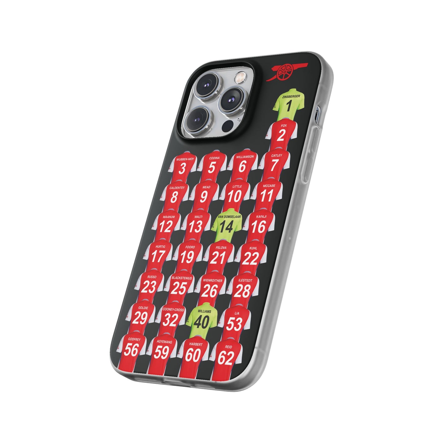 Arsenal Women Home Kit iPhone Flexi Case - iPhone 16, 15, 14, 13, 12, Mini/Plus/Pro/Pro Max - Black