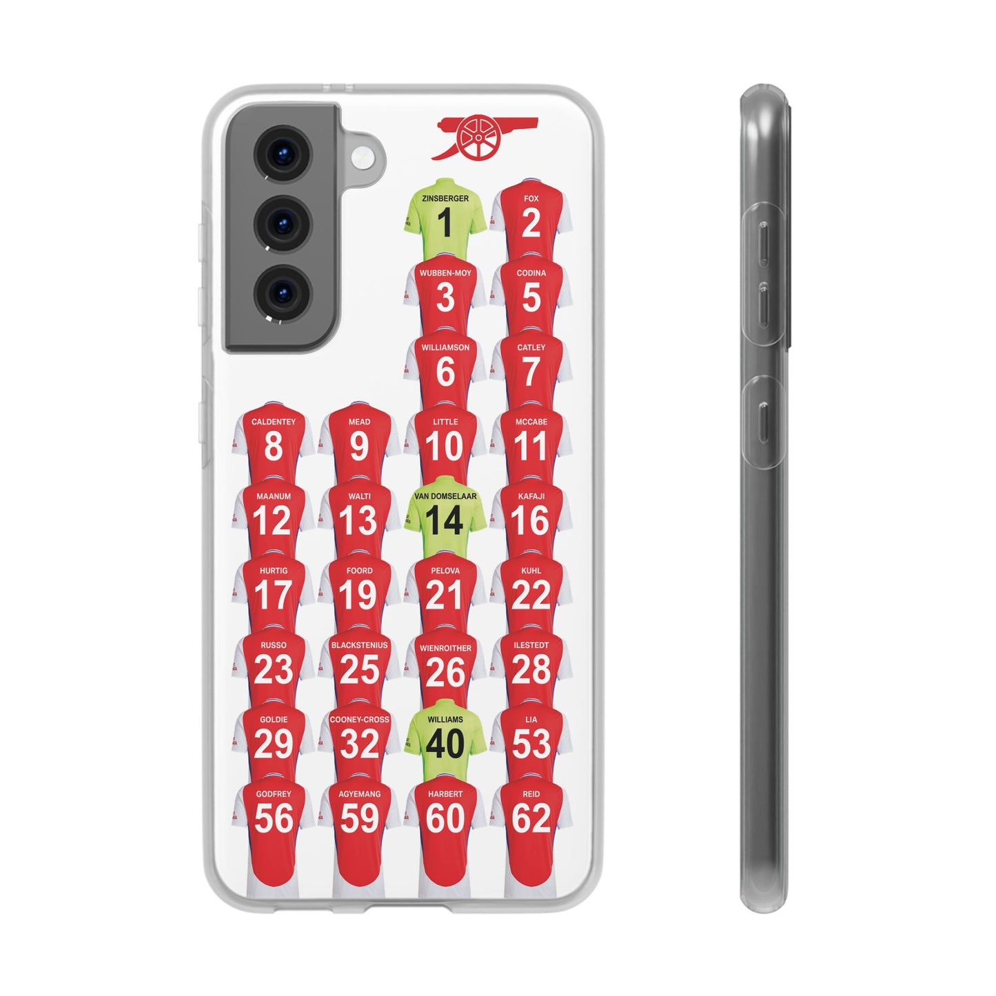 Arsenal Women Home Kit Samsung Galaxy Flexi Case - Samsung Galaxy S23, S22, S21, S10, Plus/Ultra - White