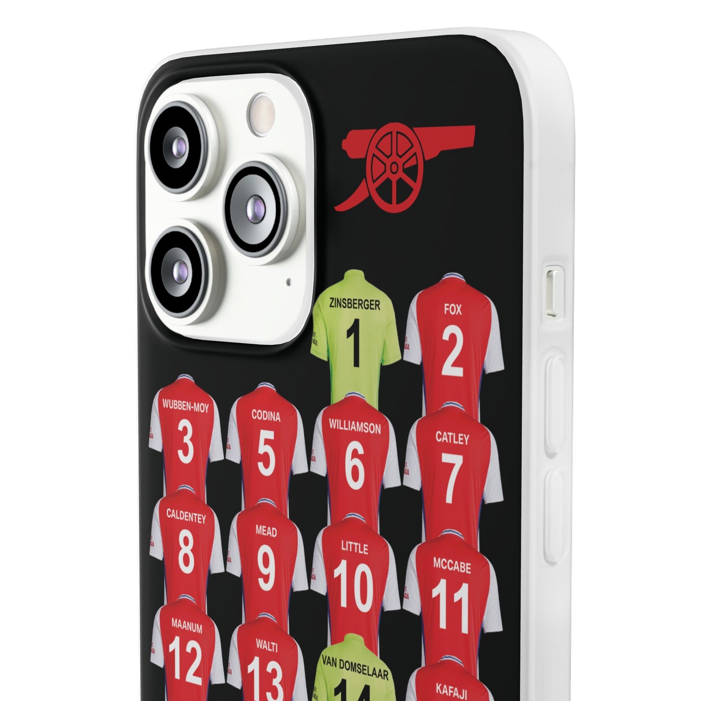 Arsenal Women Home Kit iPhone Flexi Case - iPhone 16, 15, 14, 13, 12, Mini/Plus/Pro/Pro Max - Black