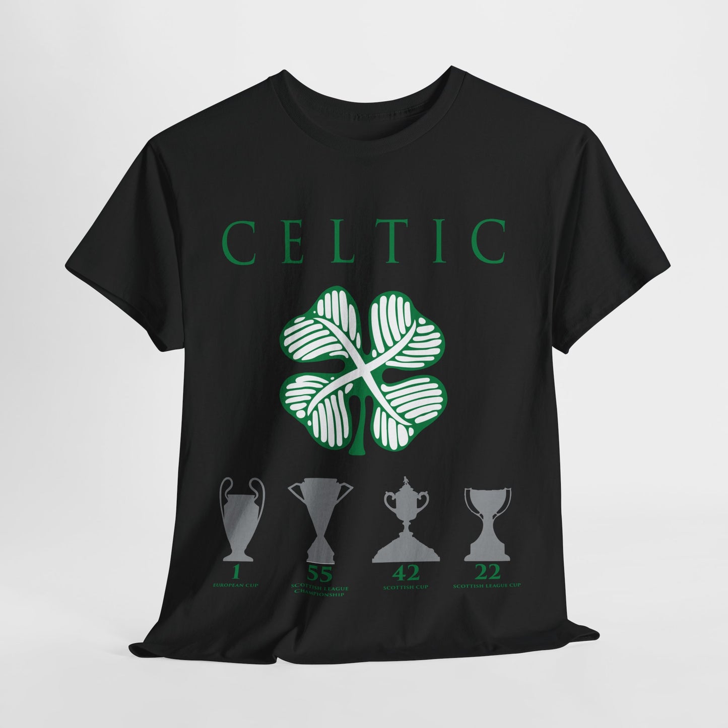 Celtic Clover & Trophies Unisex Heavy Cotton T-Shirt - Irish Green/Black/White/Gold/Sport Grey/Charcoal/Military Green/Forest Green