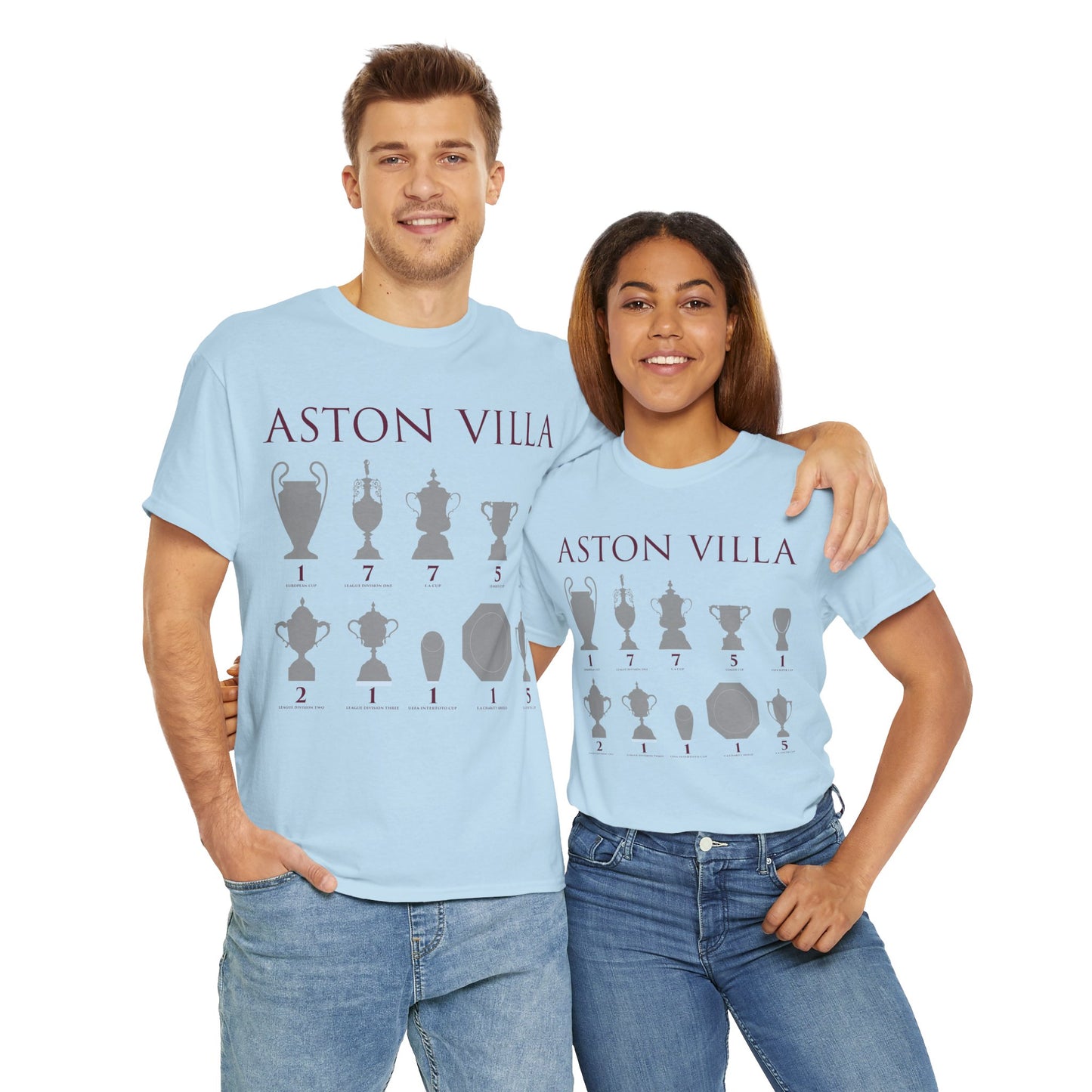 Aston Villa Trophies Unisex Heavy Cotton T-Shirt - Maroon/White/Light Blue