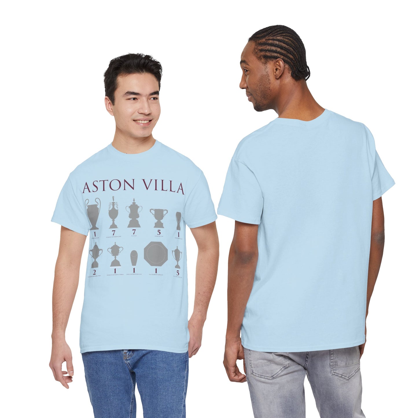 Aston Villa Trophies Unisex Heavy Cotton T-Shirt - Maroon/White/Light Blue