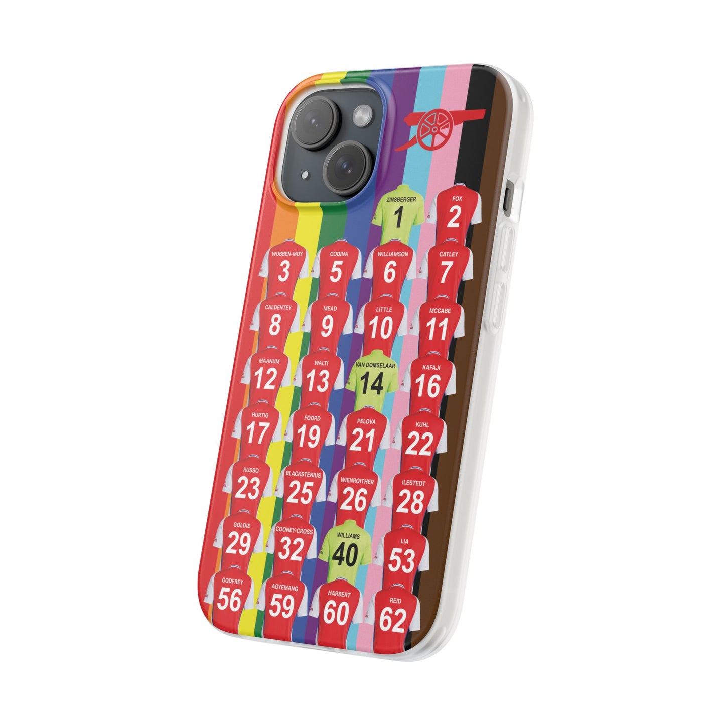 Arsenal Women Home Kit iPhone Flexi Case - iPhone 16, 15, 14, 13, 12, Mini/Plus/Pro/Pro Max - Rainbow