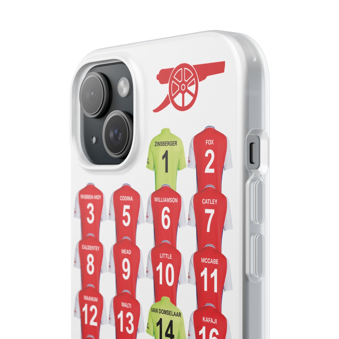 Arsenal Women Home Kit iPhone Flexi Case - iPhone 16, 15, 14, 13, 12, Mini/Plus/Pro/Pro Max - White