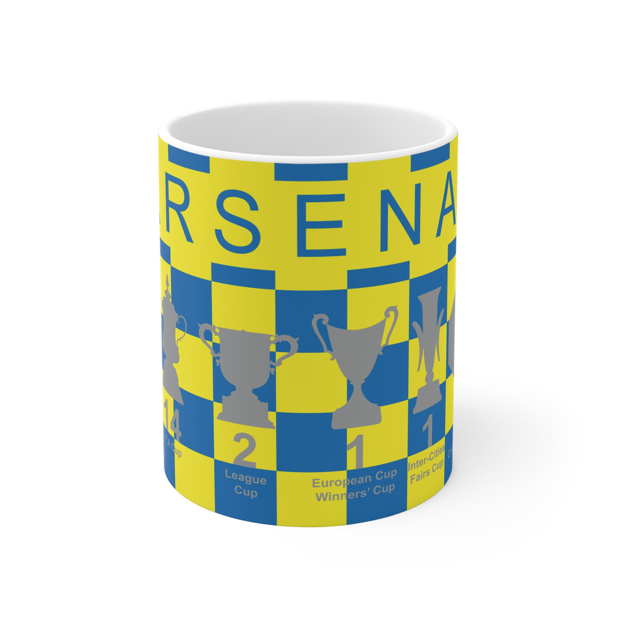 Arsenal Yellow & Blue Chequered Trophies Mug UPDATED - Blue Text