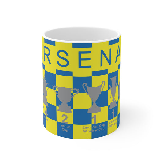 Arsenal Yellow & Blue Chequered Trophies Mug UPDATED - Blue Text