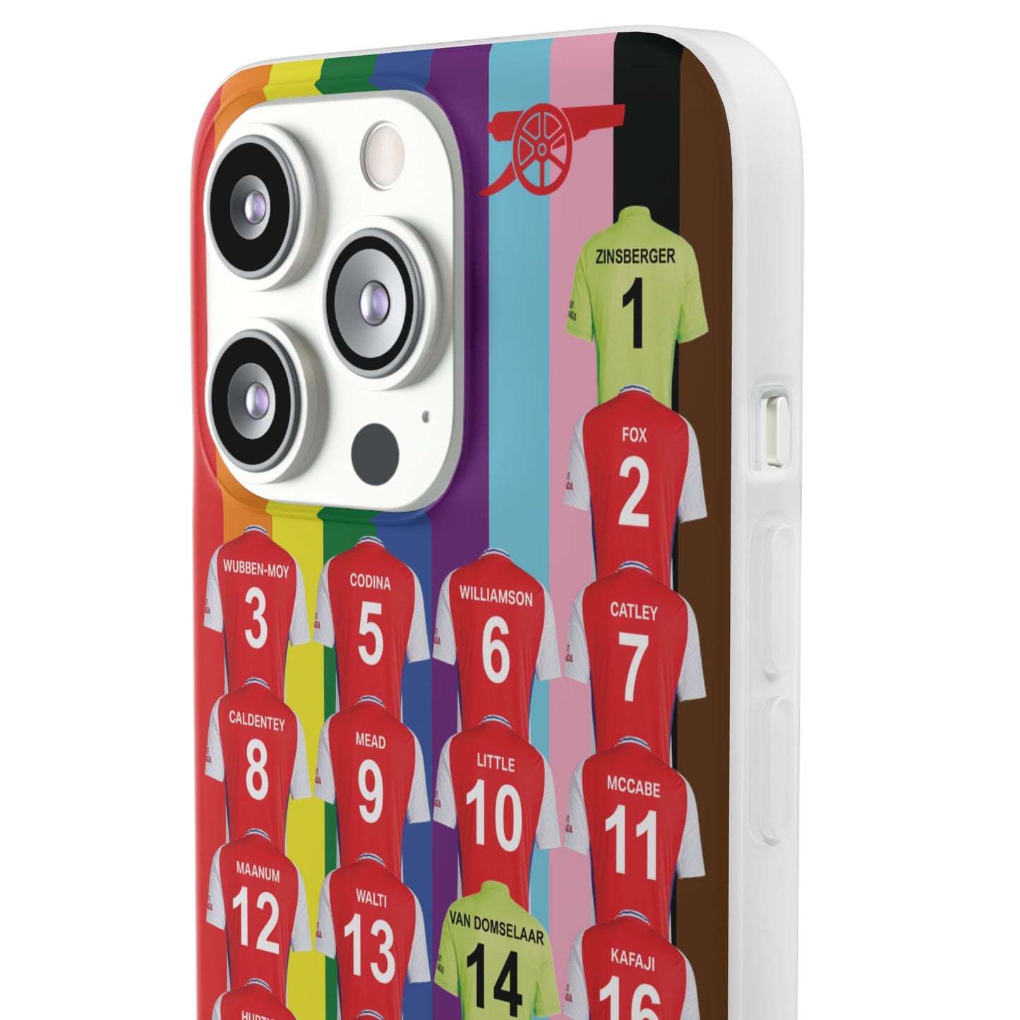 Arsenal Women Home Kit iPhone Flexi Case - iPhone 16, 15, 14, 13, 12, Mini/Plus/Pro/Pro Max - Rainbow