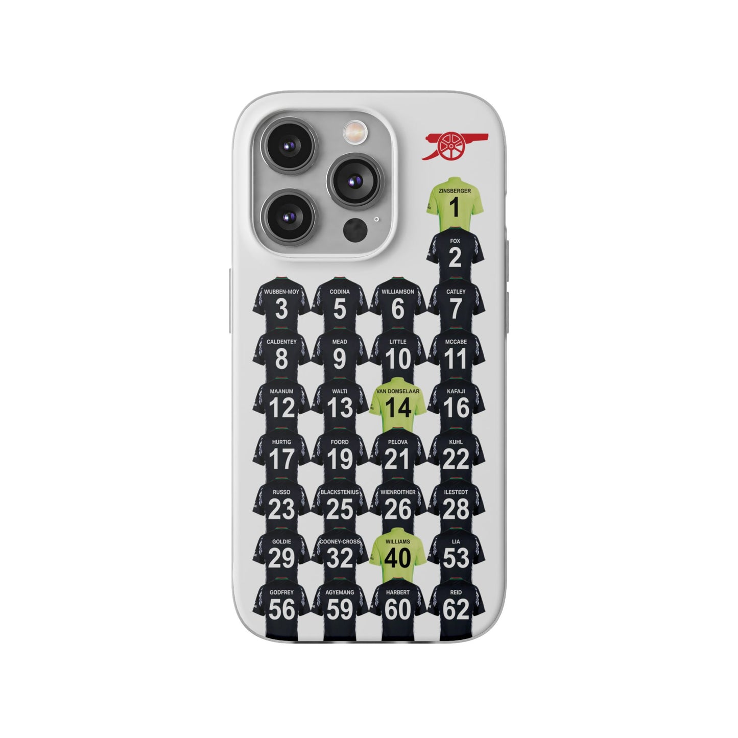 Arsenal Women Away Kit iPhone Flexi Case - iPhone 16, 15, 14, 13, 12, Mini/Plus/Pro/Pro Max - White