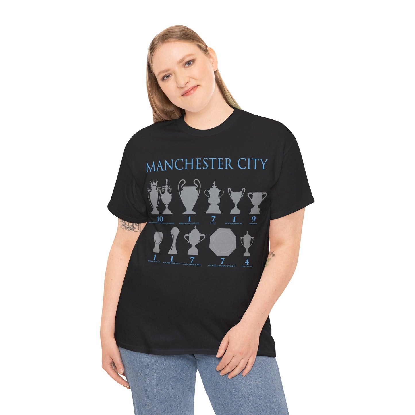 Manchester City Trophies Unisex Heavy Cotton T-Shirt - Light Blue/White/Black/Navy