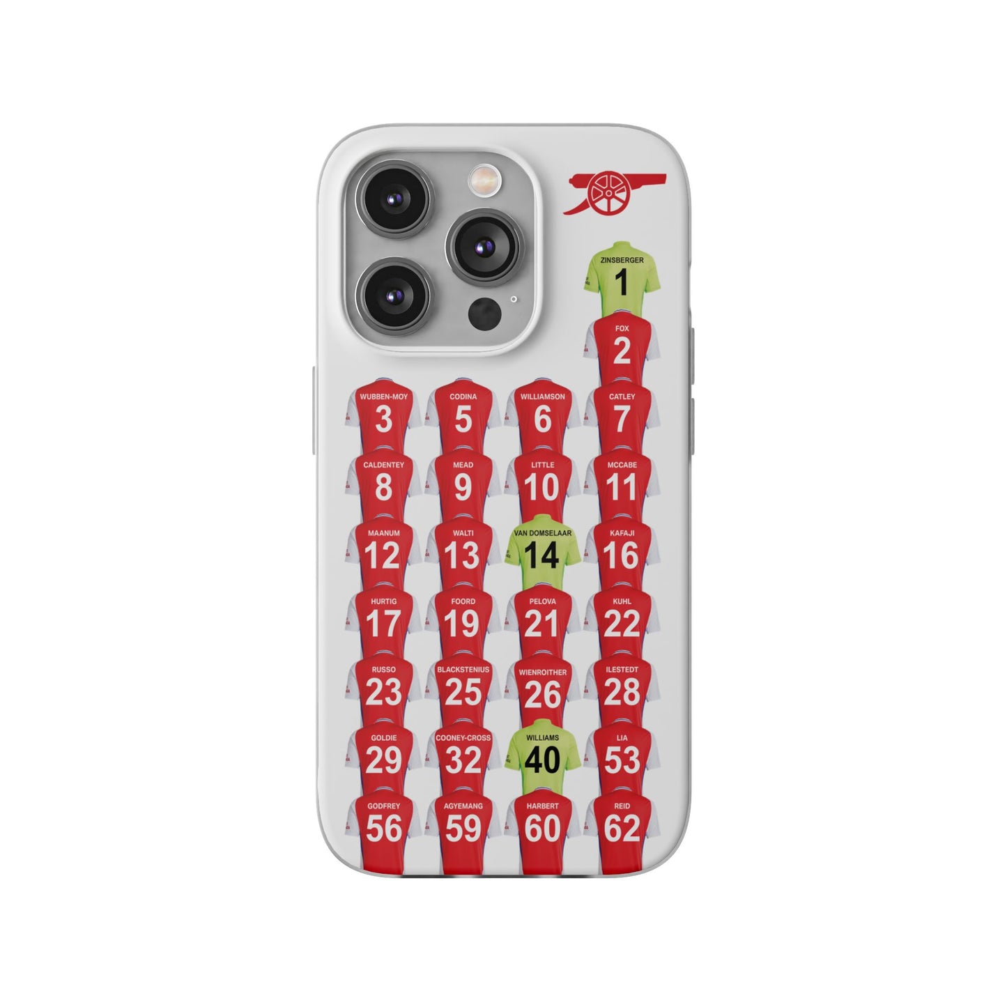 Arsenal Women Home Kit iPhone Flexi Case - iPhone 16, 15, 14, 13, 12, Mini/Plus/Pro/Pro Max - White