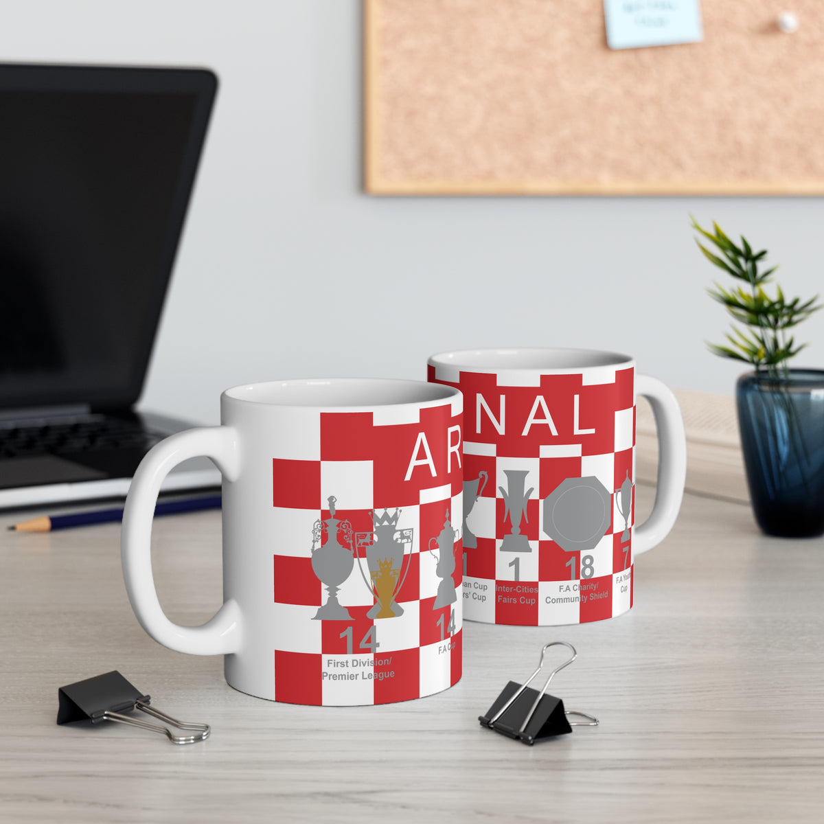 Arsenal Red & White Chequered Trophies Mug UPDATED - White Text