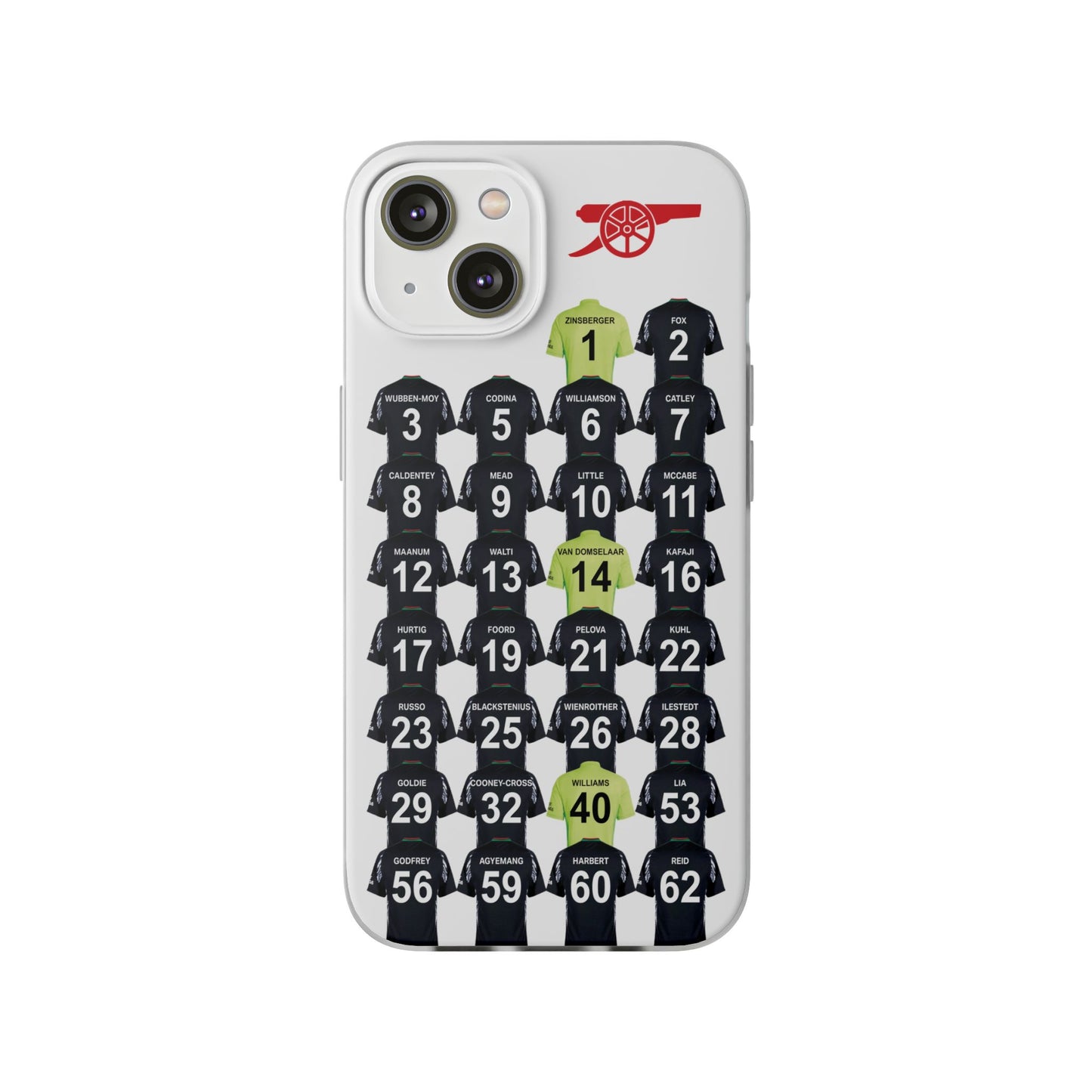 Arsenal Women Away Kit iPhone Flexi Case - iPhone 16, 15, 14, 13, 12, Mini/Plus/Pro/Pro Max - White