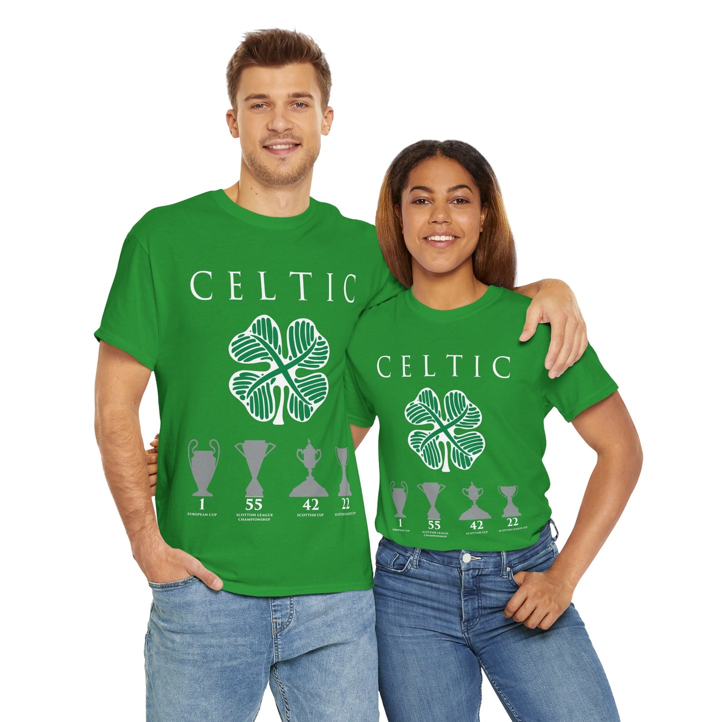 Celtic Clover & Trophies Unisex Heavy Cotton T-Shirt - Irish Green/Black/White/Gold/Sport Grey/Charcoal/Military Green/Forest Green