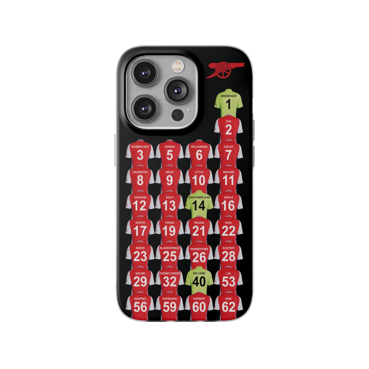 Arsenal Women Home Kit iPhone Flexi Case - iPhone 16, 15, 14, 13, 12, Mini/Plus/Pro/Pro Max - Black