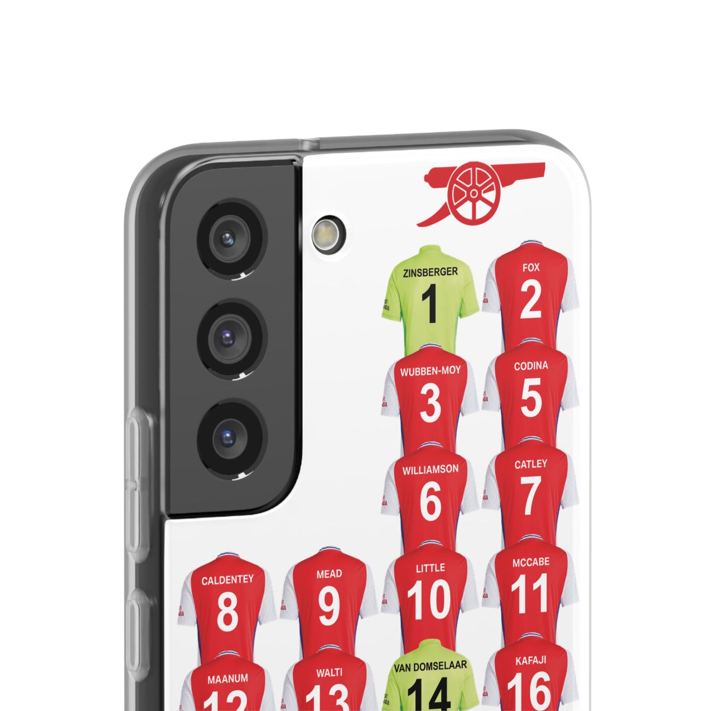 Arsenal Women Home Kit Samsung Galaxy Flexi Case - Samsung Galaxy S23, S22, S21, S10, Plus/Ultra - White