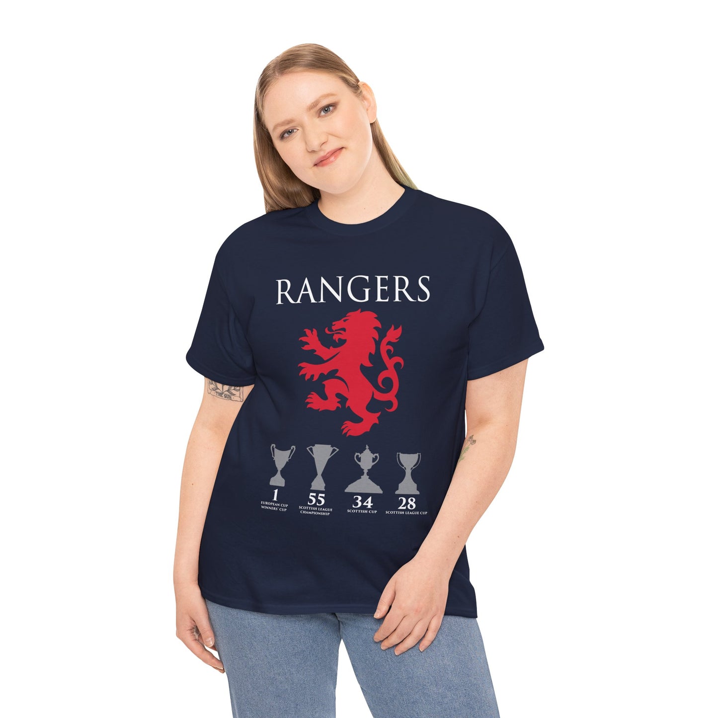 Rangers Lion & Trophies Unisex Heavy Cotton T-Shirt - Royal/White/Black/Sport Grey/Navy/Red
