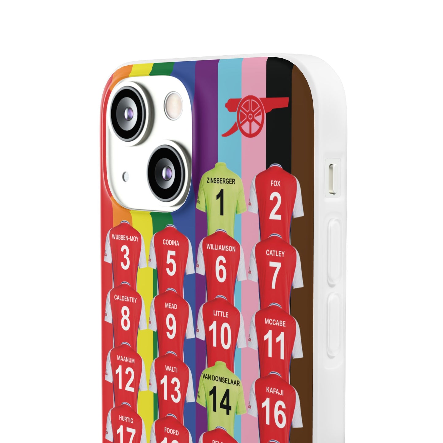 Arsenal Women Home Kit iPhone Flexi Case - iPhone 16, 15, 14, 13, 12, Mini/Plus/Pro/Pro Max - Rainbow