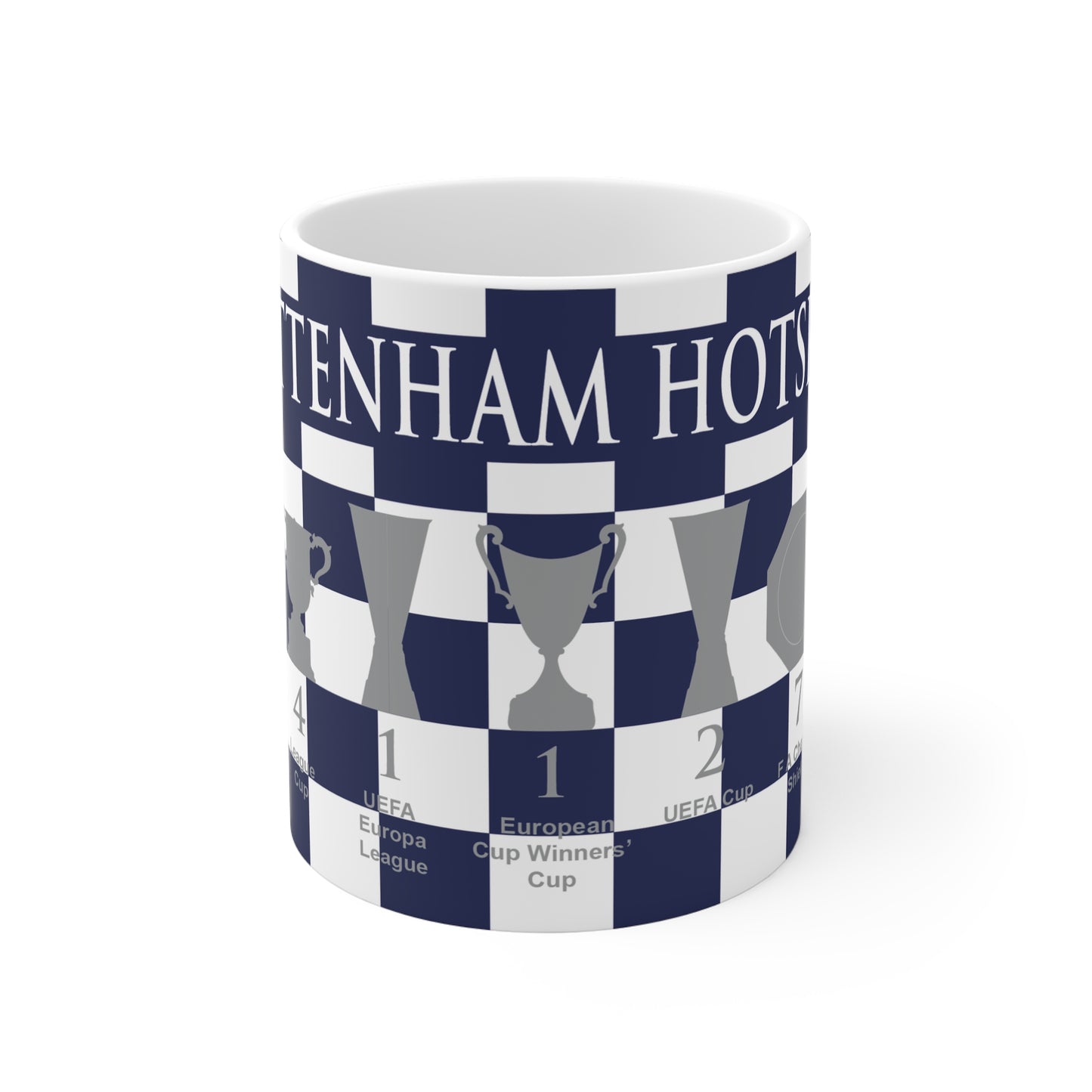 Tottenham Hotspur Blue & White Chequered Trophies Mug - White Header Text