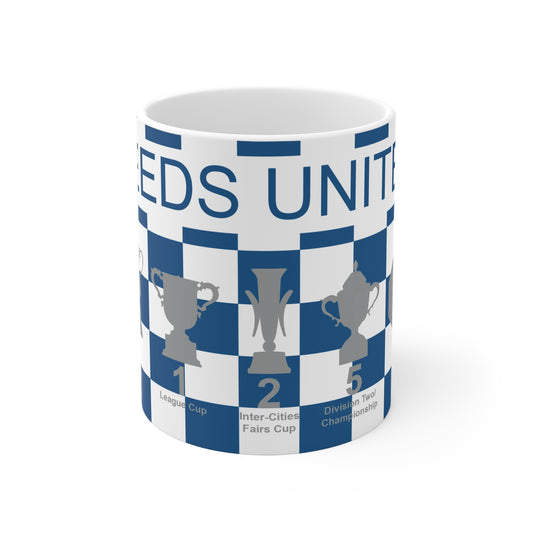 Leeds United Blue & White Chequered Trophies Mug - Blue Text