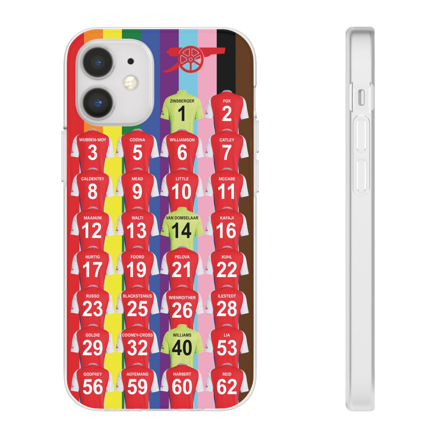 Arsenal Women Home Kit iPhone Flexi Case - iPhone 16, 15, 14, 13, 12, Mini/Plus/Pro/Pro Max - Rainbow