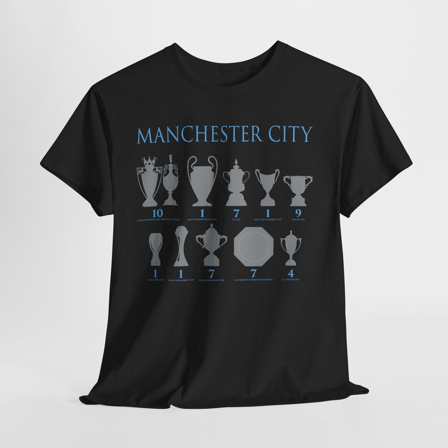 Manchester City Trophies Unisex Heavy Cotton T-Shirt - Light Blue/White/Black/Navy