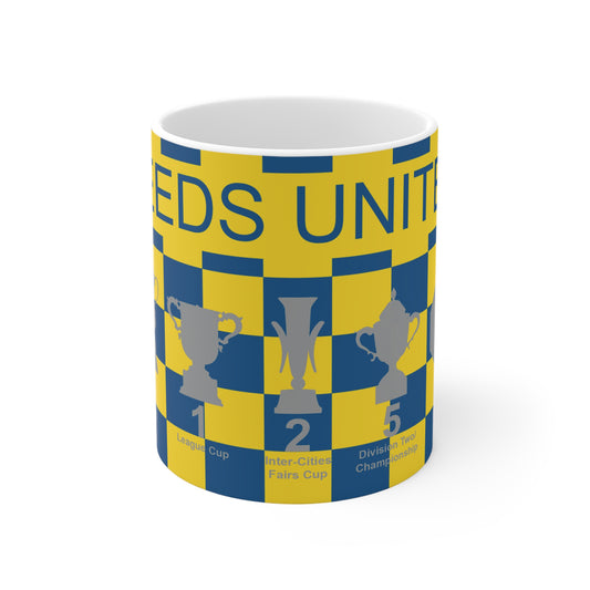 Leeds United Yellow & Blue Chequered Trophies Mug - Blue Text