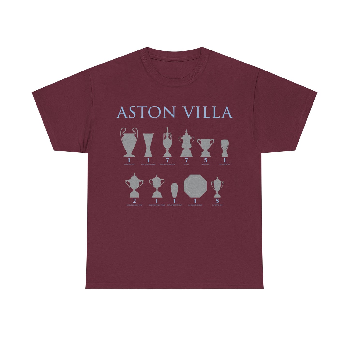 Aston Villa Trophies Unisex Heavy Cotton T-Shirt - Maroon/White/Light Blue