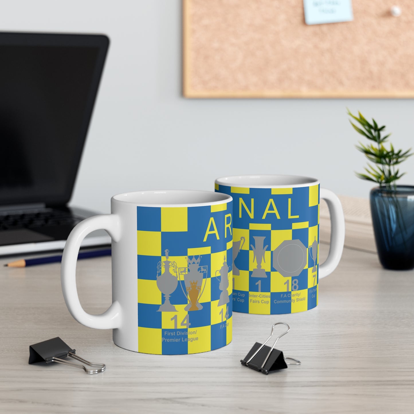 Arsenal Yellow & Blue Chequered Trophies Mug UPDATED - Yellow Text