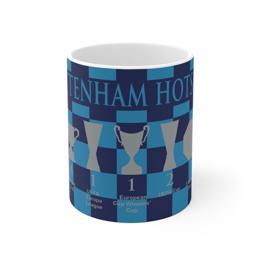 Tottenham Hotspur Blue & Cyan Chequered Trophies Mug - Cyan Header Text