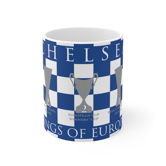 Chelsea Blue & White Chequered Kings Of Europe Mug - White Header Text