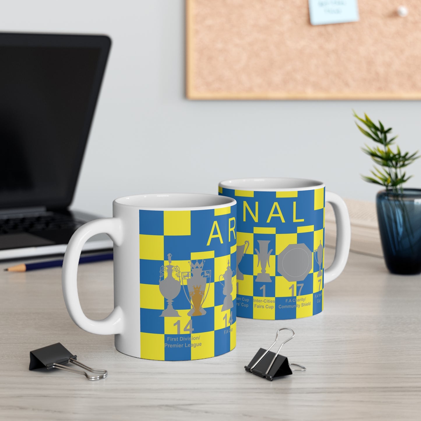 Arsenal Yellow & Blue Chequered Trophies Mug UPDATED - Yellow Text